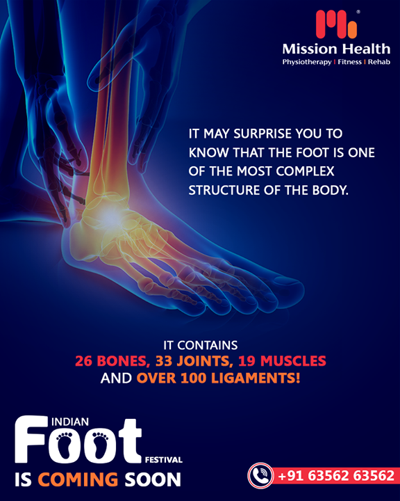 The foot contains 26 bones, 33 joints, 19 muscles, and over 100 ligaments!

The Indian Foot Festival is coming soon...
Keep Reading this space for more updates!
Call: +916356263562
Visit: www.missionhealth.co.in

#IndianFootFestival #ComingSoon #FootClinic #footpain #footcare #foothealth #heelpain #anklepain #flatfeet #painrelief #healthyfeet #happyfeet #MissionHealth #MissionHealthIndia #MovementIsLife
