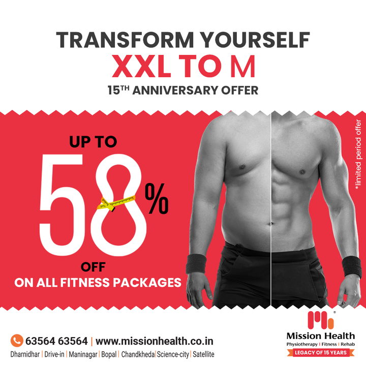 Enough of admiring other people having abs;
It is the time to act on yourself & get the flab transformed into abs. 

Get yourself shaped and toned up from XXL To M & smile big.

Avail Mission Health's 15th anniversary fitness offer and get up-to 50% off on all fitness packages.
Mission Health Helpline number: +91 63564 63564
www.missionhealth.co.in

#DropASize #FromXXLToM #FitnessPackage #OfferOfTheMonth #Fitness #PersonalTraining #Transform #GroupFitness #Slimming #MovementIsLife #MissionHealth