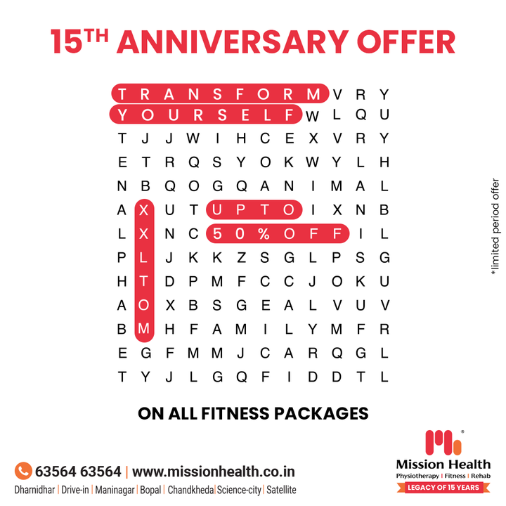 Are you lost in the puzzle of how to achieve your fitness goals? Well, don't worry about it. With us, your fitness transformation will be an achievable target. 

Right assistance and guidance will get you back on track!

Avail 15th Anniversary Offer, get 50% off on all fitness packages, and keep moving forward with your goals.

Mission Health Helpline number: +91 63564 63564
www.missionhealth.co.in

#Transformation #DropASize #FromXXLToM #FitnessPackage #OfferOfTheMonth #Fitness #PersonalTraining #Transform #GroupFitness #Slimming #MovementIsLife #MissionHealth