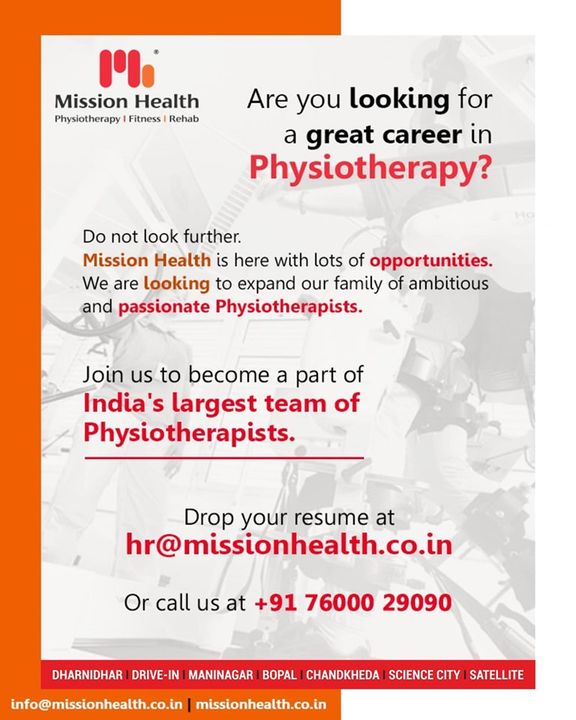 We are looking to expand our family of ambitious and passionate Physiotherapists. Join us to become a part of India's largest team of #Physiotherapists.

#MissionHealth #MissionHealthIndia #Physiotherapy #Fitness #Rehab #JobOpenings #jobsinAhmedabad #fitnessRehab #AbilityClinic #MovementIsLife

Email
hr@missionhealth.co.in
Whats App 
+917600029090.