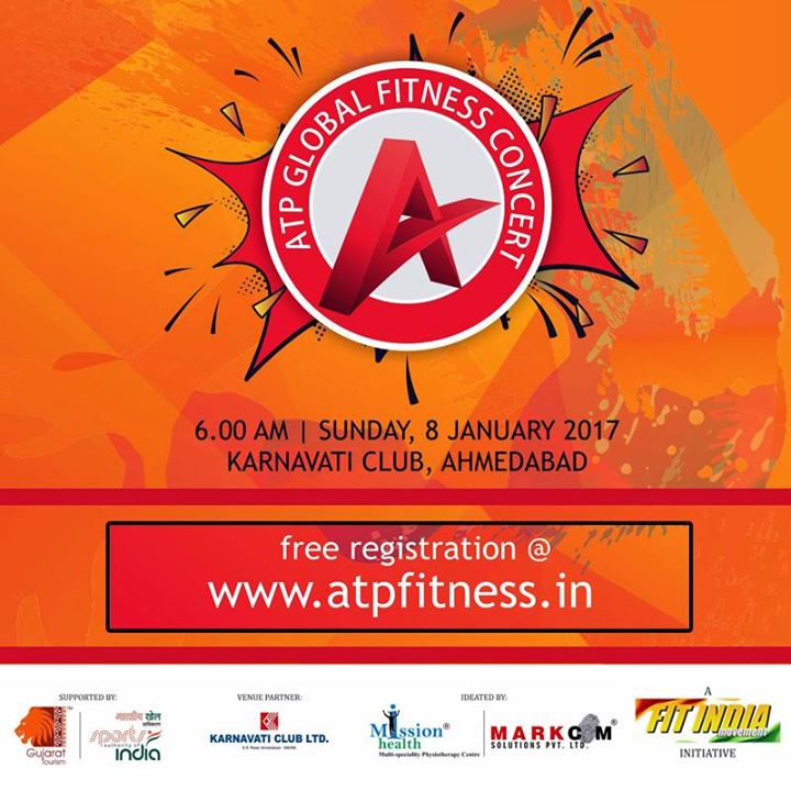 ATP Global Fitness Concert is back! Collect your passes from any of our 5 braches – Dharnidhar, Drive In, Maninagar, Bopal or Chandkheda. Book your seats now! It’s happening on 8th January, 2017, 6am at Karnavati Club. #MissionHealth #FitIndiaMovement