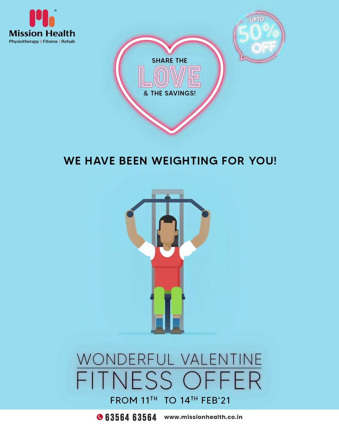 Hello fitness enthusiasts; are you yet to become a member of Mission Health?
The wonderful valentine fitness offer is still weighting for you; share the love and the savings. 
Make a move and get enrolled today because the offer is valid only till 14th February 2021.

Mission Health Helpline Number: +916356463564
www.missionhealth.co.in

#ValentineFitnessOffer #FitnessisFirstLove #MissionHealth #Fitness #PersonalTraining #FatToFit #Transform #GroupFitness #Slimming #MovementIsLife