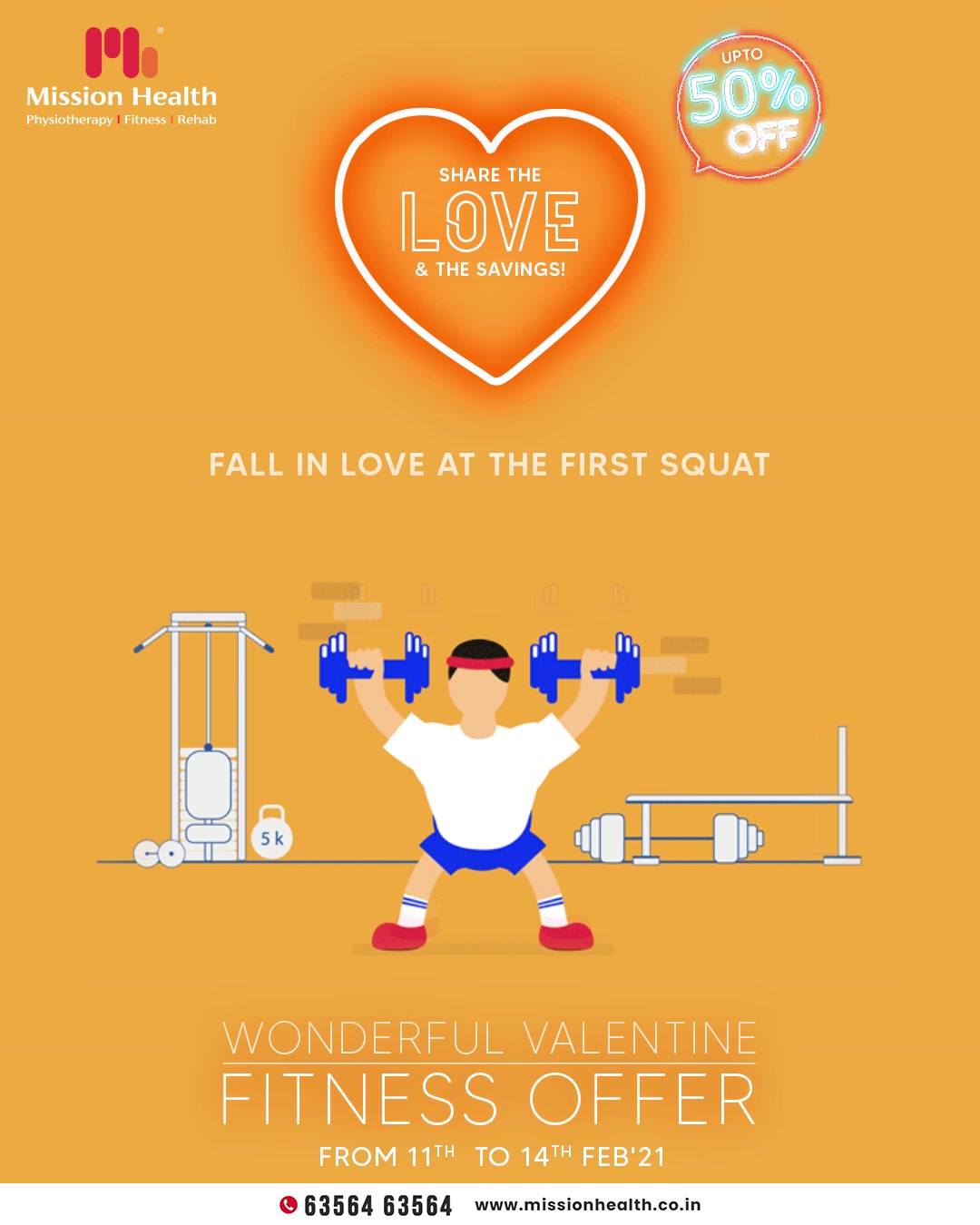 Gone are the days of “Love at first sight”; it’s time to “fall in love with the first squat” because the benefits of doing squats are a gracious plenty.

Awaken the fitness enthusiast in you and walk miles ahead on the path of fitness towards your health goals with our Wonderful Valentine Fitness Offer.

Mission Health Helpline Number: +916356463564
www.missionhealth.co.in

#ValentineFitnessOffer #FitnessisFirstLove #MissionHealth #Fitness #PersonalTraining #FatToFit #Transform #GroupFitness #Slimming #MovementIsLife