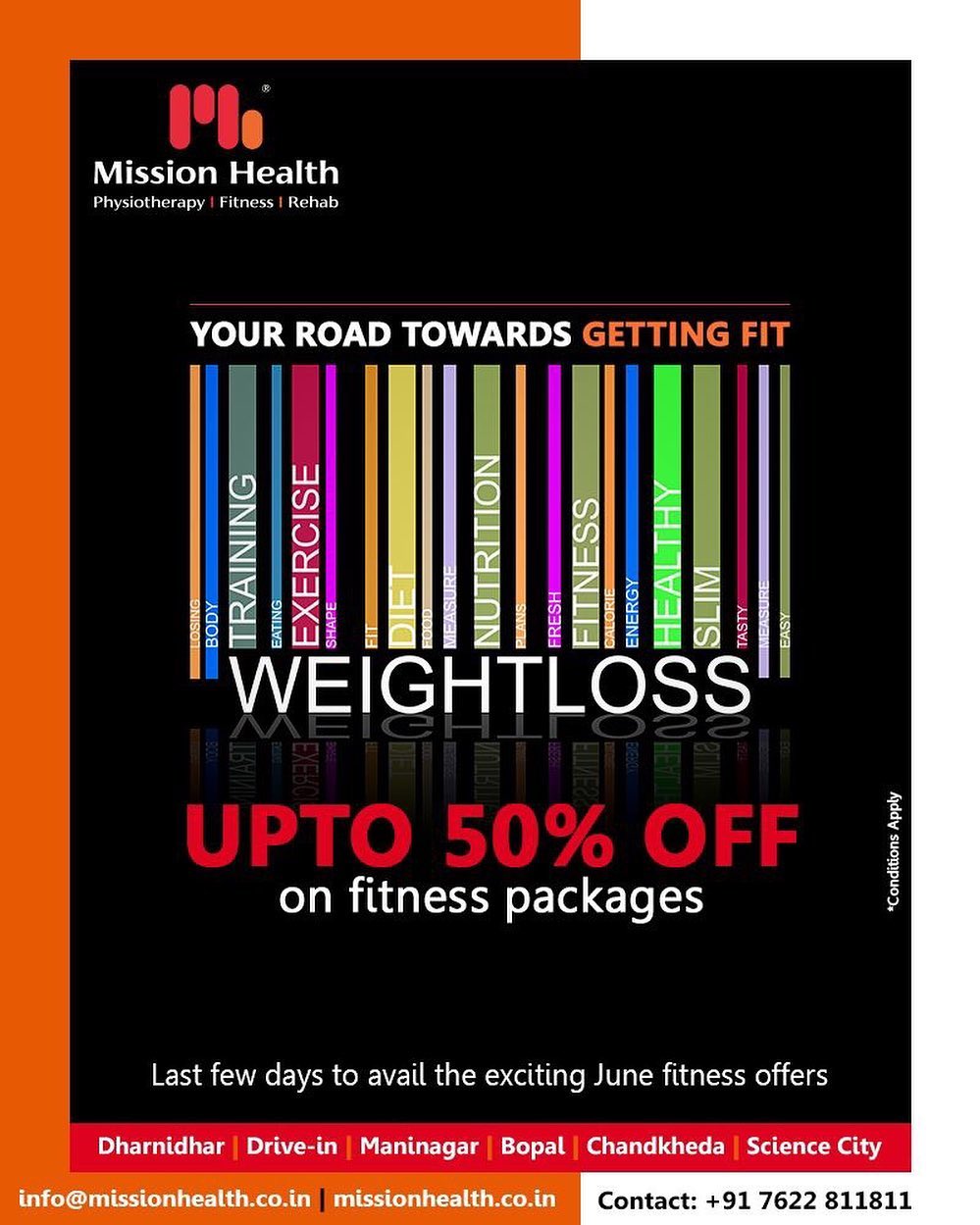 Invest in a fitter you! Last few days to avail exciting offers on Fitness at Mission Health! 
#FitnessOffers #JuneOffers #GetFit #MissionHealth #MissionHealthIndia  #fitnessRehab #AbilityClinic #MovementIsLife #weightloss #fitness #fitnessoffer #weightmanagement