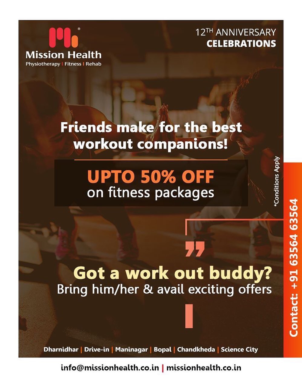 Gymming is fun when you have your best friend as your working out partner! Last few days to avail exciting offers on Fitness at Mission Health! 
#FitnessOffers #JuneOffers #GetFit #MissionHealth #MissionHealthIndia #fitnessRehab #AbilityClinic #MovementIsLife #weightloss #fitness #fitnessoffer #weightmanagement