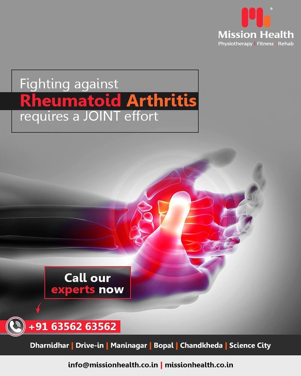 #RheumatoidArthritis requires a JOINT effort to find relief! At Mission Health our experts make sure they help you find quick relief from your RA pain! 
#Fitness #MissionHealth #MissionHealthIndia #AbilityClinic #MovementIsLife