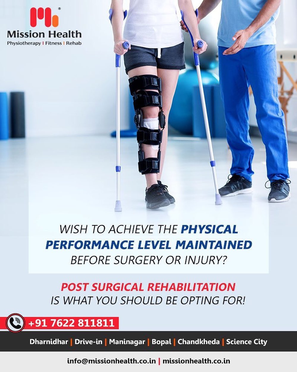 Don’t miss Post-Surgical Rehabilitation after your surgery. It’s very crucial for your optimal functional recovery. Without it, surgery may not yield expected outcomes.

#PostSurgicalRehabilitation #MissionHealth #MissionHealthIndia #MovementIsLife