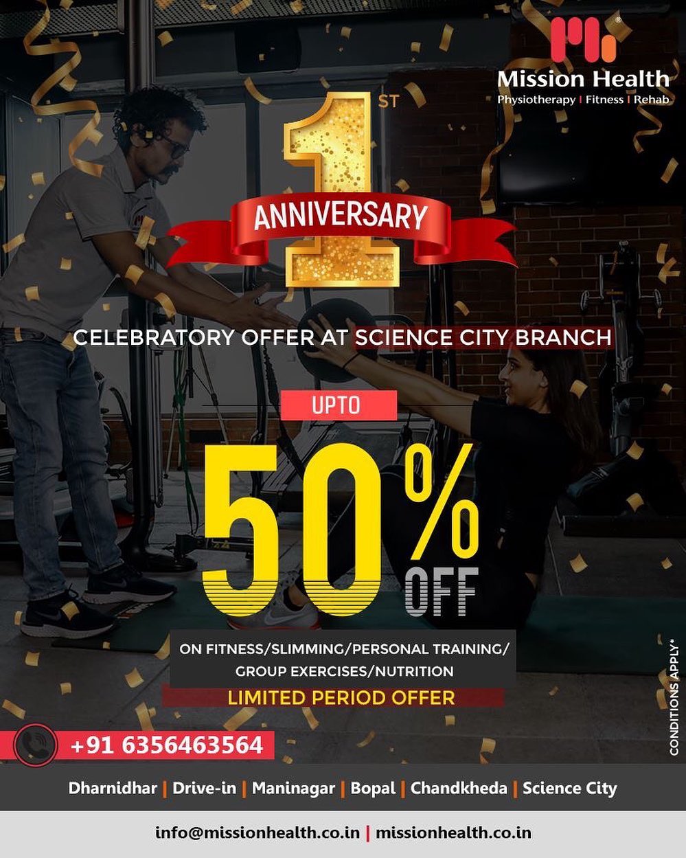 Come celebrate with us with up to 50% on all fitness & related services all this week as we celebrate ONE year of our Science City branch! 
#Offer #OneYear #Celebration #MissionHealth #MissionHealthIndia #MovementIsLife