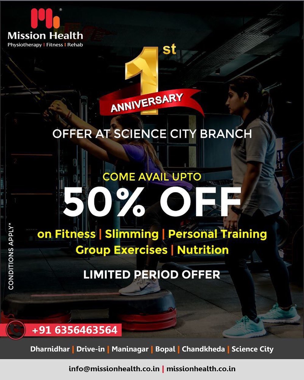 Let fitness be your priority, avail exciting offer at our Science city branch as we celebrate its 1st anniversary! 
#Offer #OneYear #Celebration #MissionHealth #MissionHealthIndia #MovementIsLife