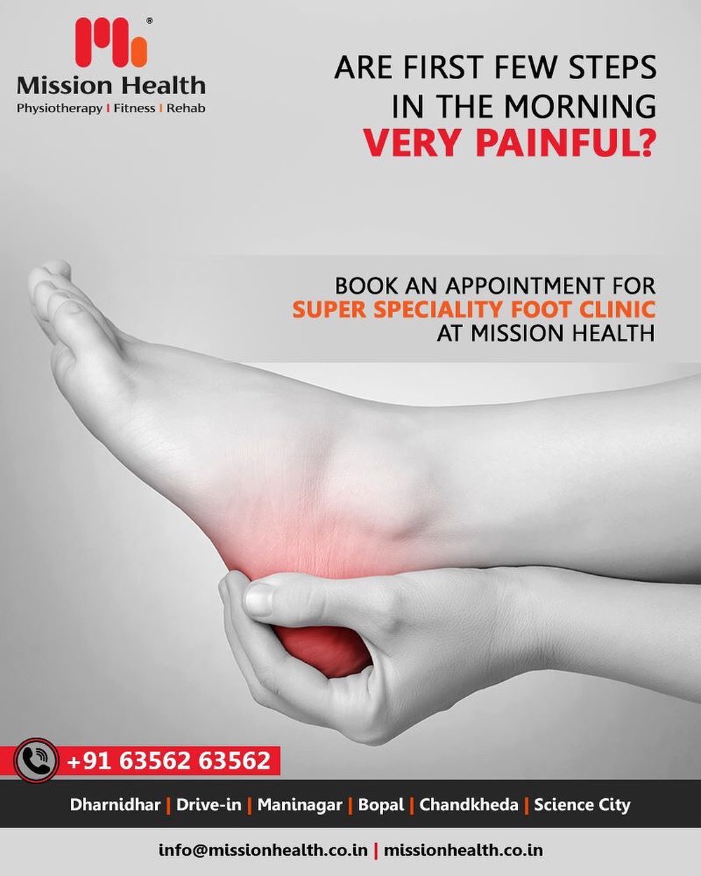 The Mission Health Foot Clinic strives to eliminate the root cause rather than symptoms of any foot pain, injury or deviations. 
FOOT CLINIC helps reduce pain with the help of advanced Non-Surgical Pain Technologies, Muscle Re-education Exercises, and Biomechanical Footwear Modifications.

Call: +916356263562
Visit: www.missionhealth.co.in 
#footclinic #footcare #footdoctor #footpain #feet #heelpain #MissionHealth #MissionHealthIndia #MovementIsLife