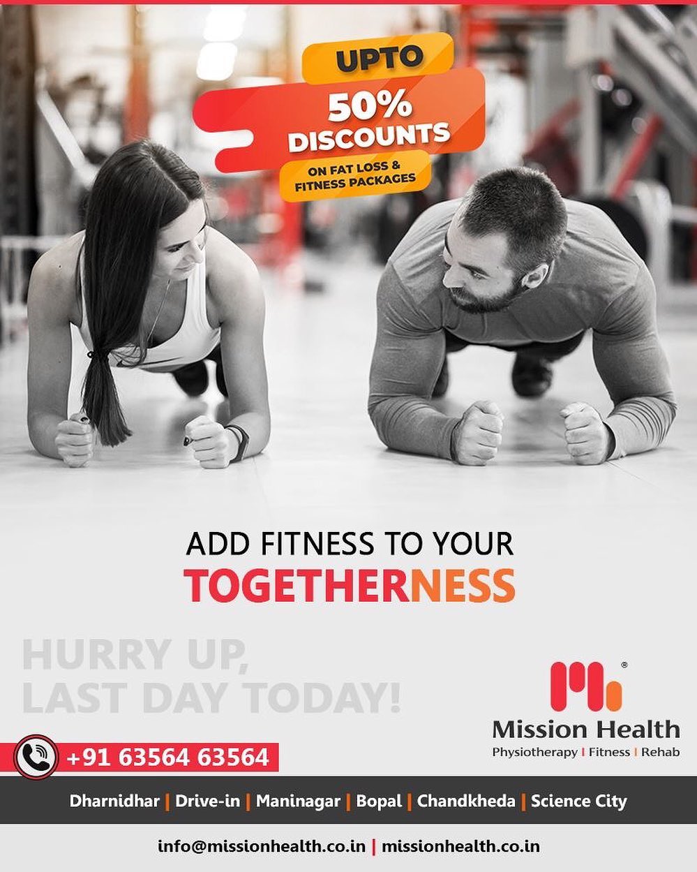 Add Fitness To Your Togetherness and Grow Fit Together. 
UpTo 50% Off on Various Fat Loss & Fitness Packages

Visit your nearest Mission Health Fitness Boutique to enroll and march towards your fitness goals with Mission Health.
Hurry up, Last day today!

Call: +916356463564
Visit: www.missionhealth.co.in

#valentinefitnessoffer #exercise #exercises #fitnessexperts #fitnessexpert #fitnessteam #gymoholic #winterworkouts #fitness #winterfitness #befit #gymoffers #fitnessoffers #goslim #MissionHealth #MissionHealthIndia #MovementIsLife