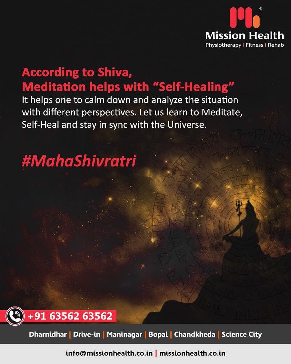 According to Shiva, Meditation helps with “Self-Healing”. It helps one to calm down and analyze the situation with different perspectives. Let us learn to Meditate, Self-Heal and stay in sync with the Universe.

#Shivratri #Shivratri2020 #LordShiva #Shiva #MahaShivratri2020 #HarHarMahadev #महाशिवरात्रि #MissionHealth #MissionHealthIndia #AbilityClinic #MovementIsLife