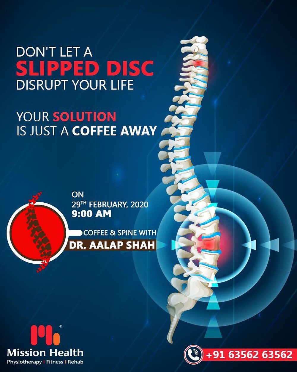 Slipped disc can be painful and life-altering get rid of affliction and get your life back on track.

Keep reading this space for more Updates

Call: +916356263562

Visit: www.missionhealth.co.in

#CoffeeAndSpineWithDrAalapShah #DrAalapShah #SuperSpecialitySpineClinic #SpineClinic #BackPain #NeckPain #SlippedDisc #MissionHealth #MissionHealthIndia #AbilityClinic #MovementIsLife
