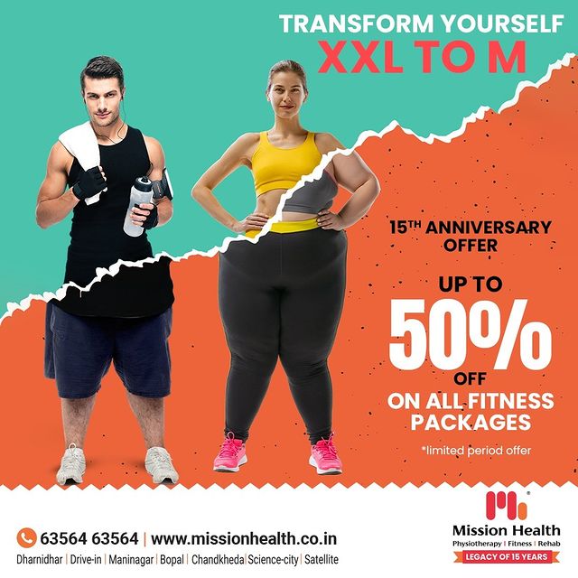 Transformation calls the timely action;
While action always speaks louder than words. 

Let our 15th Anniversary Offer drive you on-to the fitness floor with a lot of energy and enthusiasm. 
Avail the up-to 50% off offer today!

Mission Health Helpline number: +916356463564
www.missionhealth.co.in

#DropASize #FromXXLToM #FitnessPackage #OfferOfTheMonth #Fitness #PersonalTraining #Transform #GroupFitness #Slimming #MovementIsLife #MissionHealth