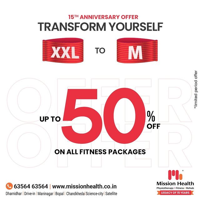 Go on a journey from FAT to FABULOUS with US!
Losing body fat can mean a healthier, more responsive and more robust immune system. Weight loss helps to gain confidence too. 

Avail Mission Health's 15th anniversary fitness offer and get up-to 50% off on all fitness packages.

Mission Health Helpline number: +91 63564 63564
www.missionhealth.co.in

#DropASize #FromXXLToM #FitnessPackage #OfferOfTheMonth #Fitness #PersonalTraining #Transform #GroupFitness #Slimming #MovementIsLife #MissionHealth