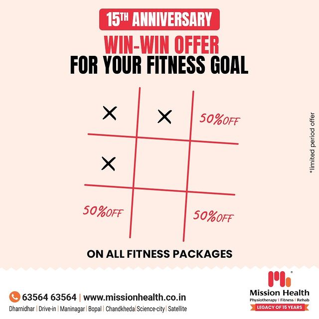 A win-win situation for you and for your loved ones! 

An offer to achieve your fitness goal with our knowledgeable and experienced team members, all working together to help you achieve your goal.

Avail 15th Anniversary Offer, get 50% off on all fitness packages, and keep moving forward with your goals.

Mission Health Helpline number: +91 63564 63564

www.missionhealth.co.in

#Transformation #DropASize #FromXXLToM #FitnessPackage #OfferOfTheMonth #Fitness #PersonalTraining #Transform #GroupFitness #Slimming #MovementIsLife #MissionHealth