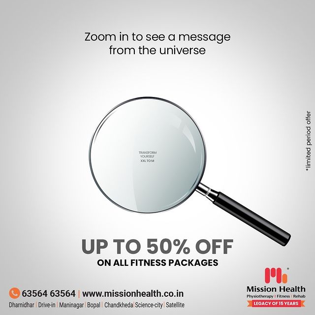 A universal message from us to you. Now your transformation will be a reality because you have our back. Our team of Specialized Physiotherapists will guide you in reaching your fitness objectives.

Avail Mission Health's 15th-anniversary fitness offer. Upto 50% off on all the fitness packages. 

Mission Health Helpline number: +91 63564 63564
www.missionhealth.co.in

#Transformation #DropASize #FromXXLToM #FitnessPackage #OfferOfTheMonth #Fitness #PersonalTraining #Transform #GroupFitness #Slimming #TrendingFormat #MovementIsLife #MissionHealth